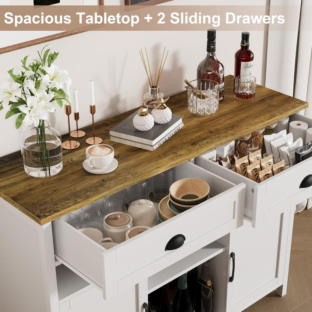 Vividwood Modern Farmhouse Wine Cabinet‌ - 47.2" with Glass Rack & Drawers (White)