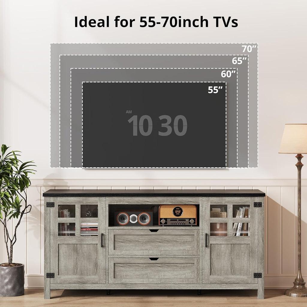 Vividwood Farmhouse Entertainment Center - TV Console with Storage (Rustic Grey)