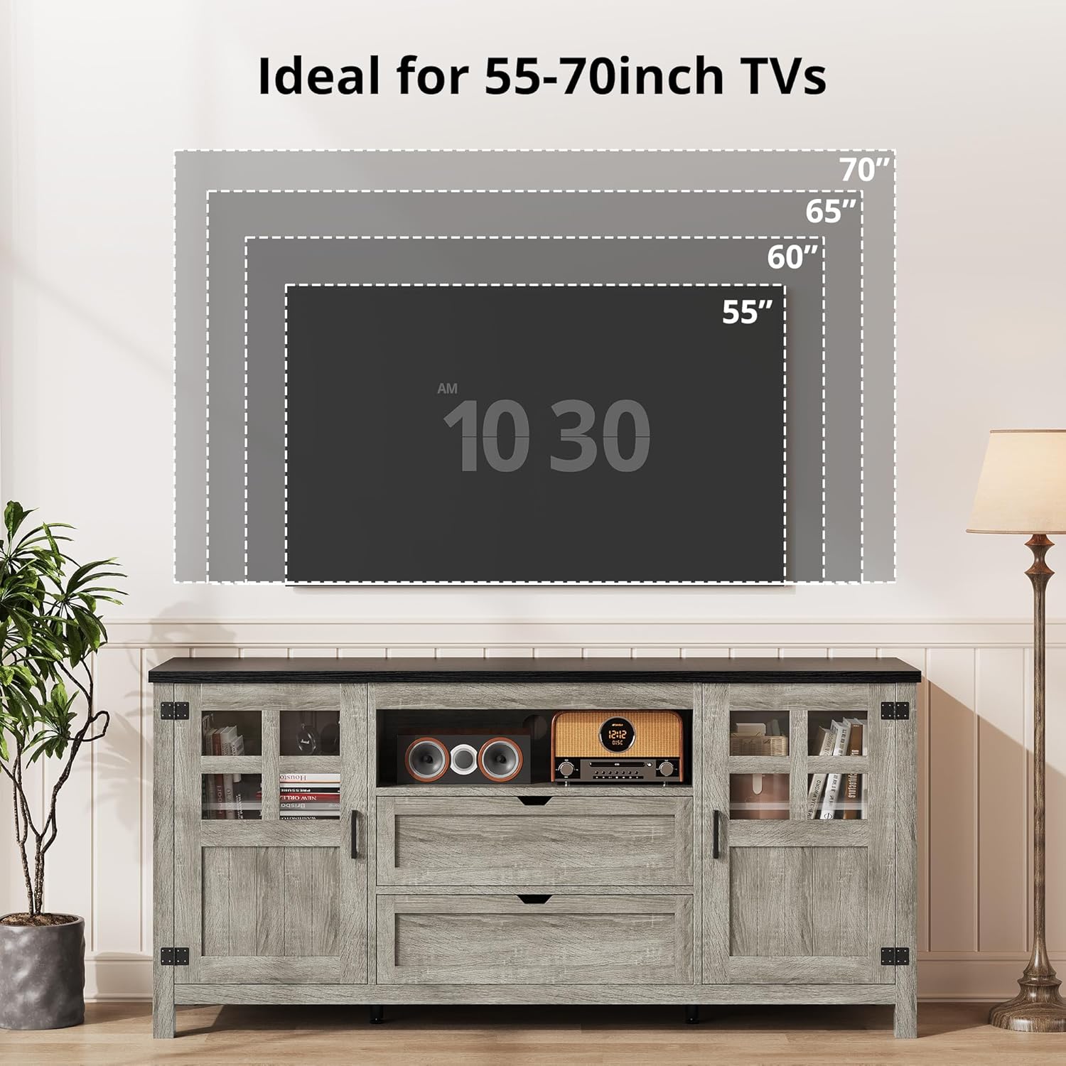 Vividwood Farmhouse Entertainment Center - TV Console with Storage (Rustic Grey)