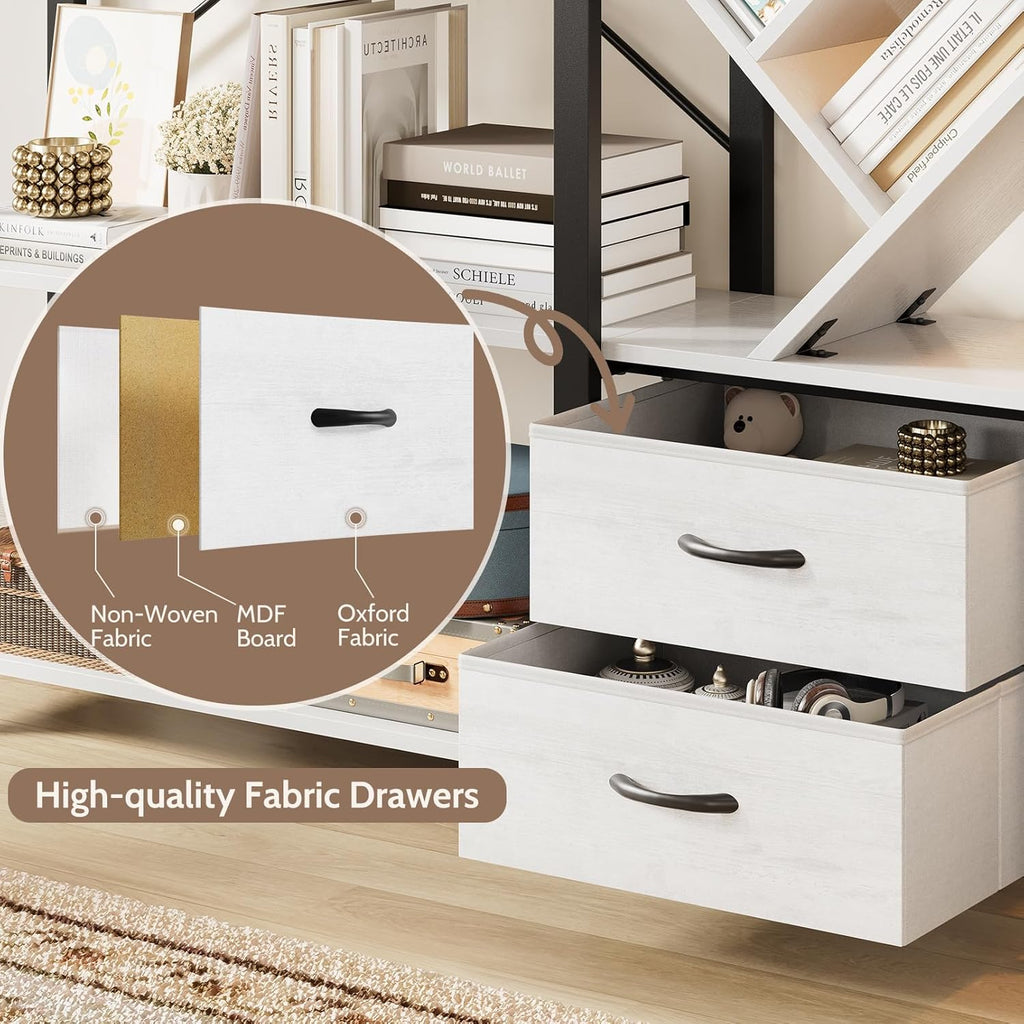 Vividwood 5-Tier Industrial Bookshelf - Tree Display with Fabric Drawers (White)