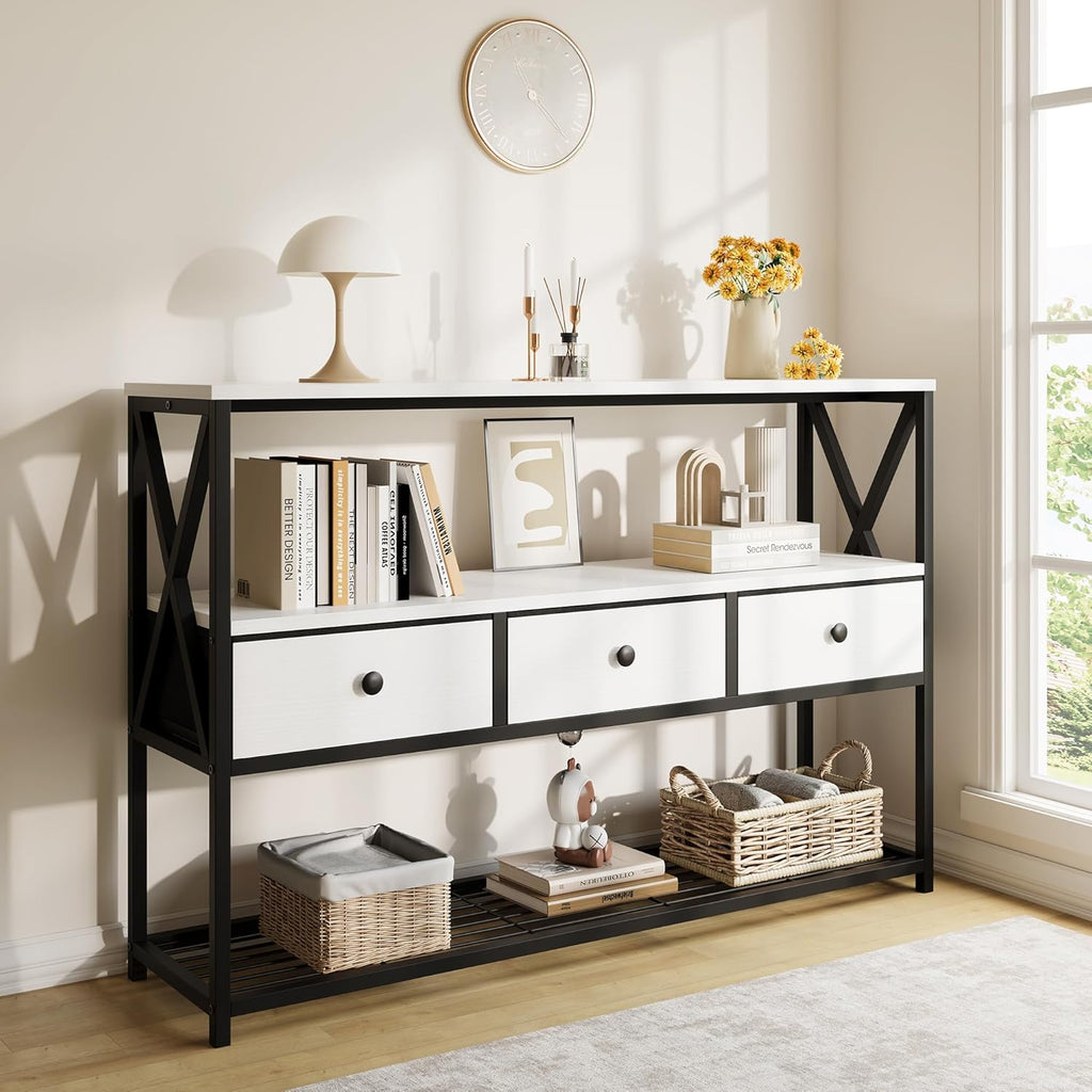 Vividwood 47" Farmhouse Console Table - 3-Drawer & Open Shelf Design (Rustic White)
