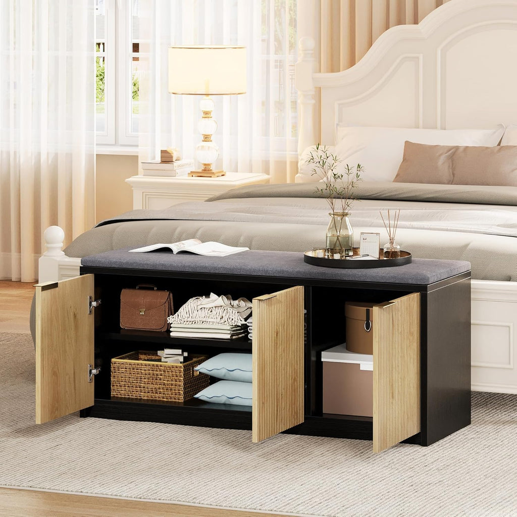 Vividwood 41.3" Entryway Storage Bench - 3-Door Shoe Organizer with Padded Seat (Wood Grain & Black)