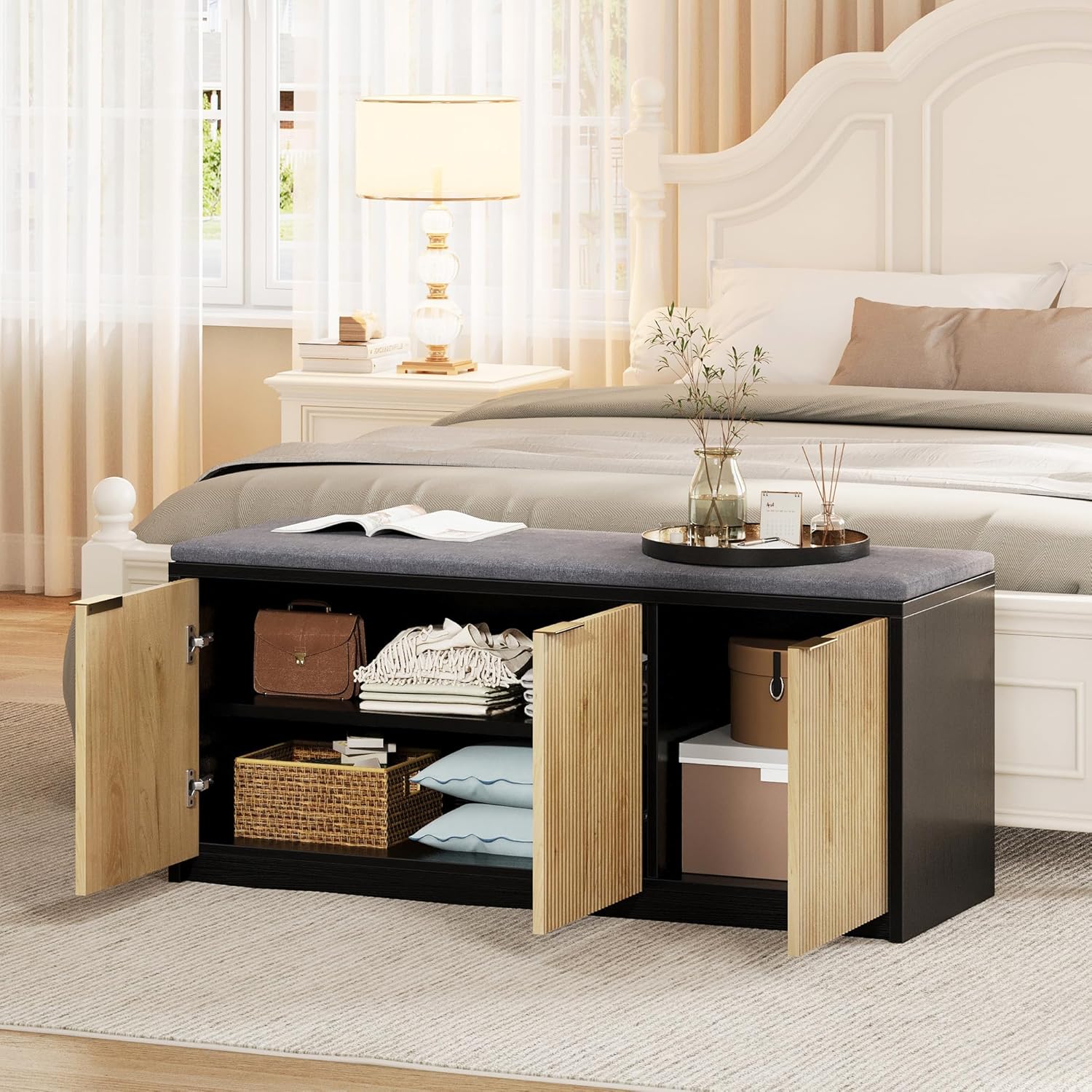 Vividwood 41.3" Entryway Storage Bench - 3-Door Shoe Organizer with Padded Seat (Wood Grain & Black)