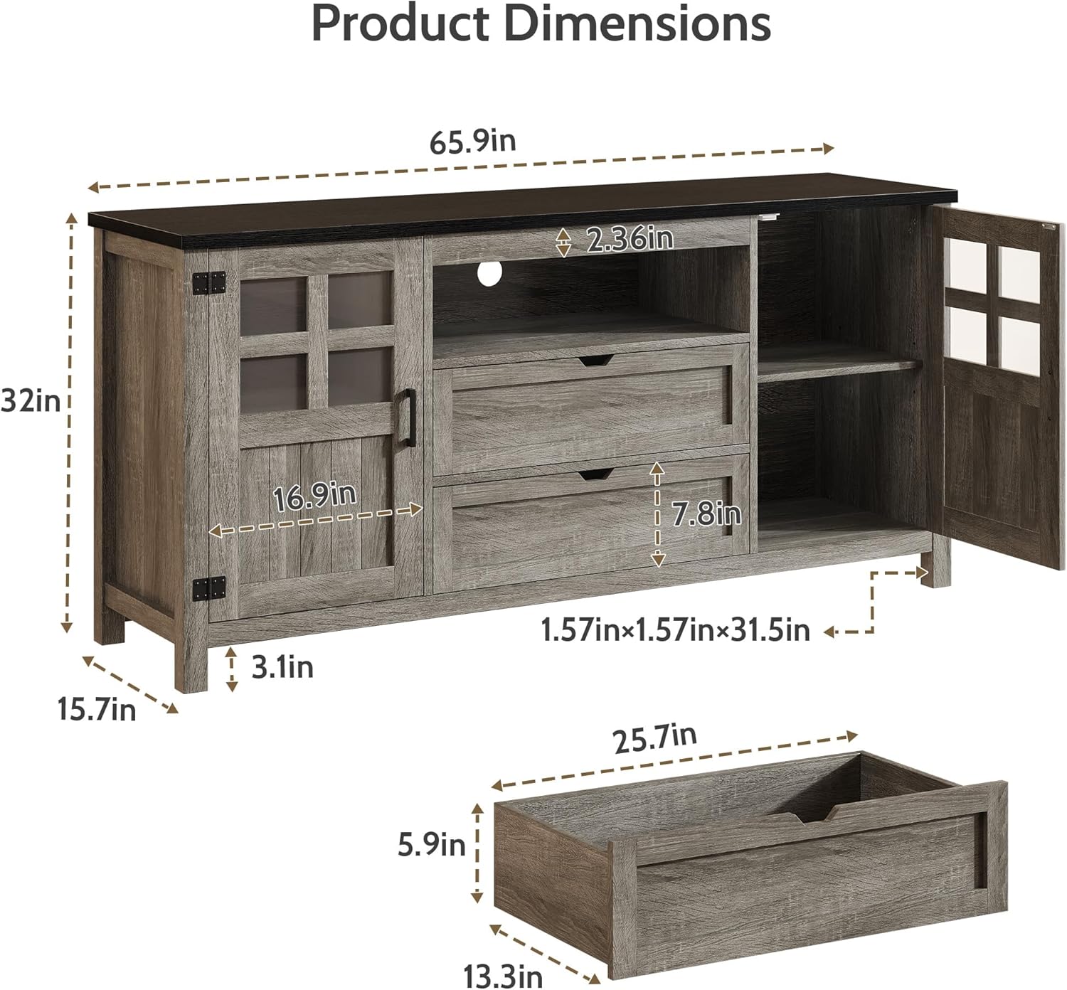Vividwood Media Cabinet‌ - 70" TV Stand with Drawers & Cable Management (Grey)