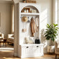 Hall Tree with Bench and Shoe Storage, Farmhouse Entryway Coat Rack with Arched Top Shelf, 5 Hooks, Flip-Down Shoe Cabinet, Beadboard Paneling, Anti-Tip Device, White, 32.7" x 15.8" x 76.8"