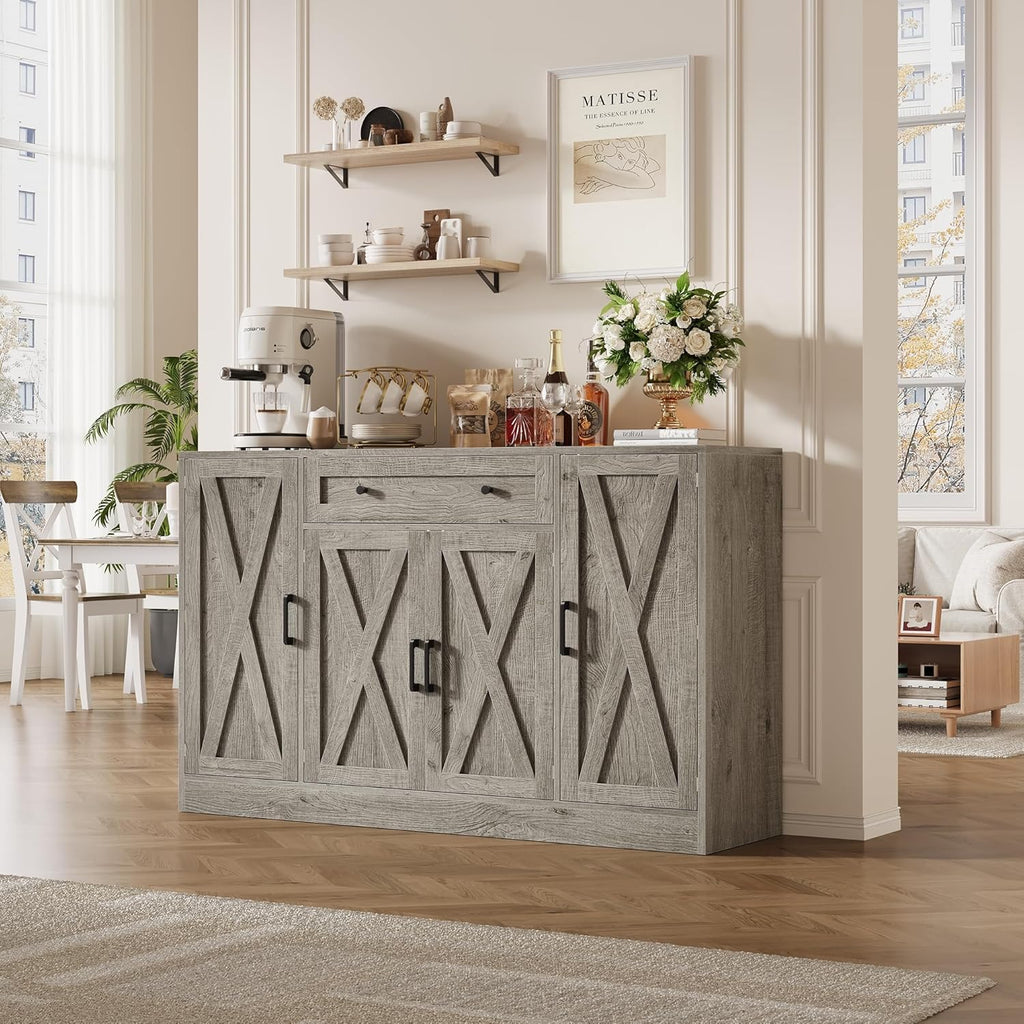 AesthLife Modern Farmhouse Sideboard - Wood Storage Cabinet with Doors & Drawer (Oak Grey)