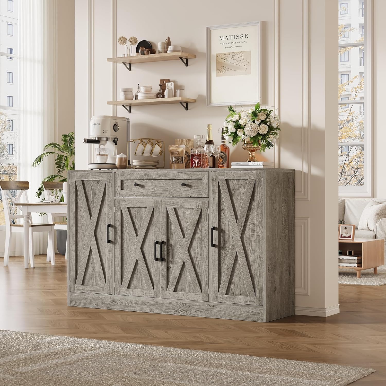 AesthLife Modern Farmhouse Sideboard - Wood Storage Cabinet with Doors & Drawer (Oak Grey)