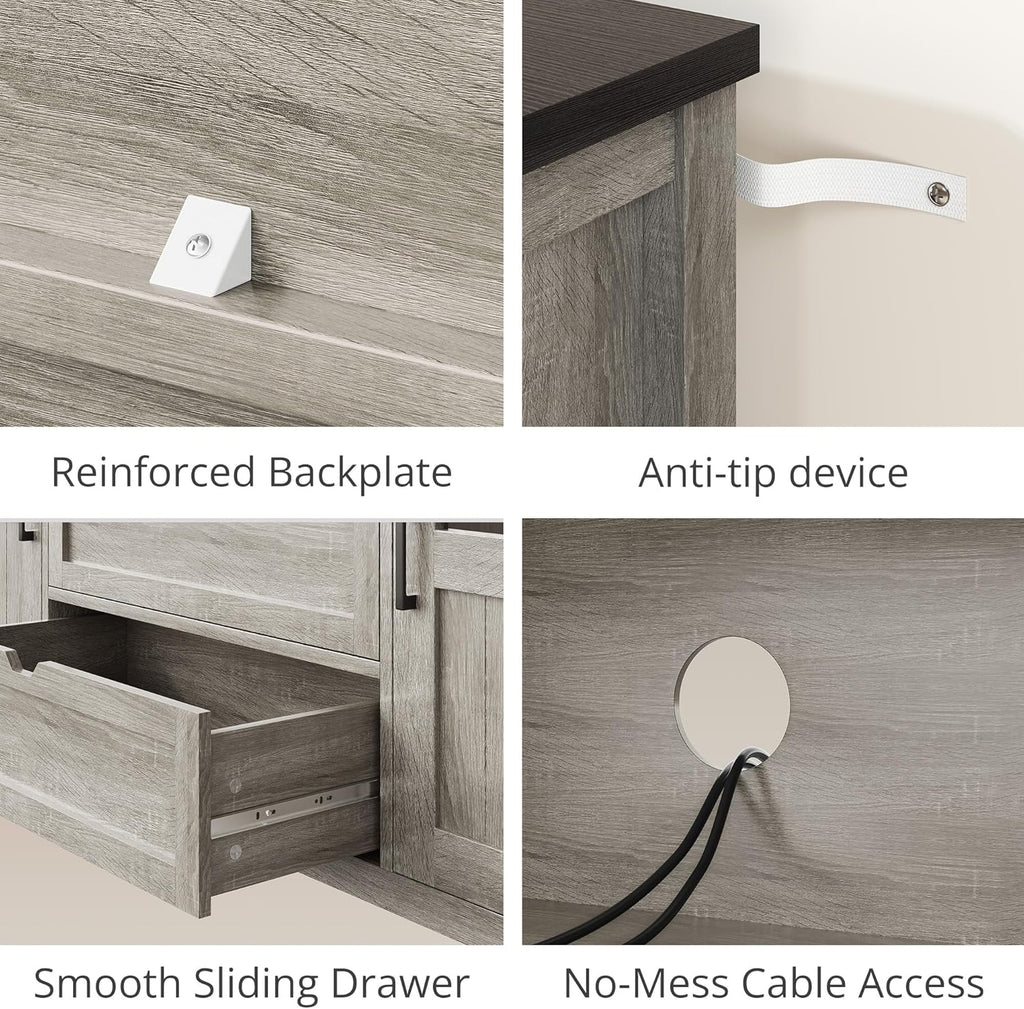 Vividwood Farmhouse Entertainment Center - TV Console with Storage (Rustic Grey)