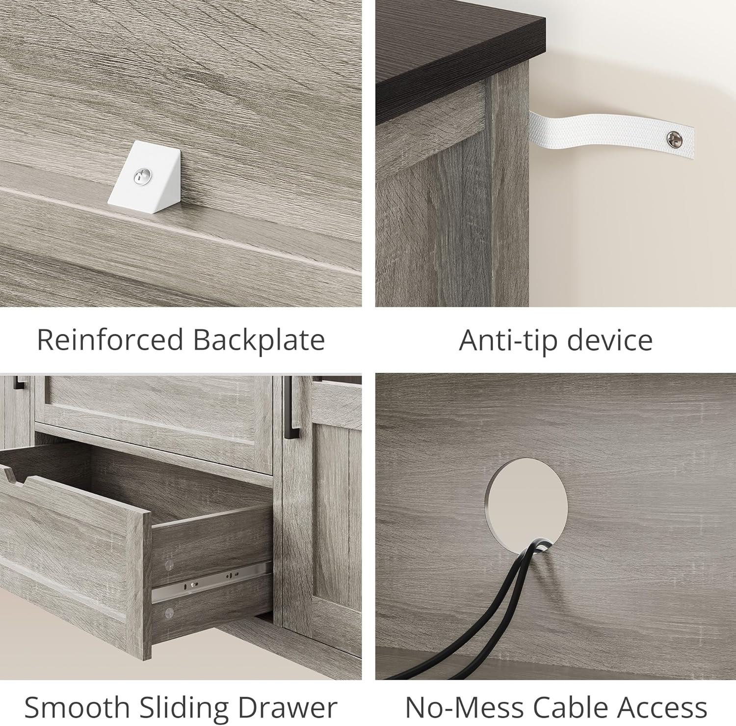 Vividwood Farmhouse Entertainment Center - TV Console with Storage (Rustic Grey)