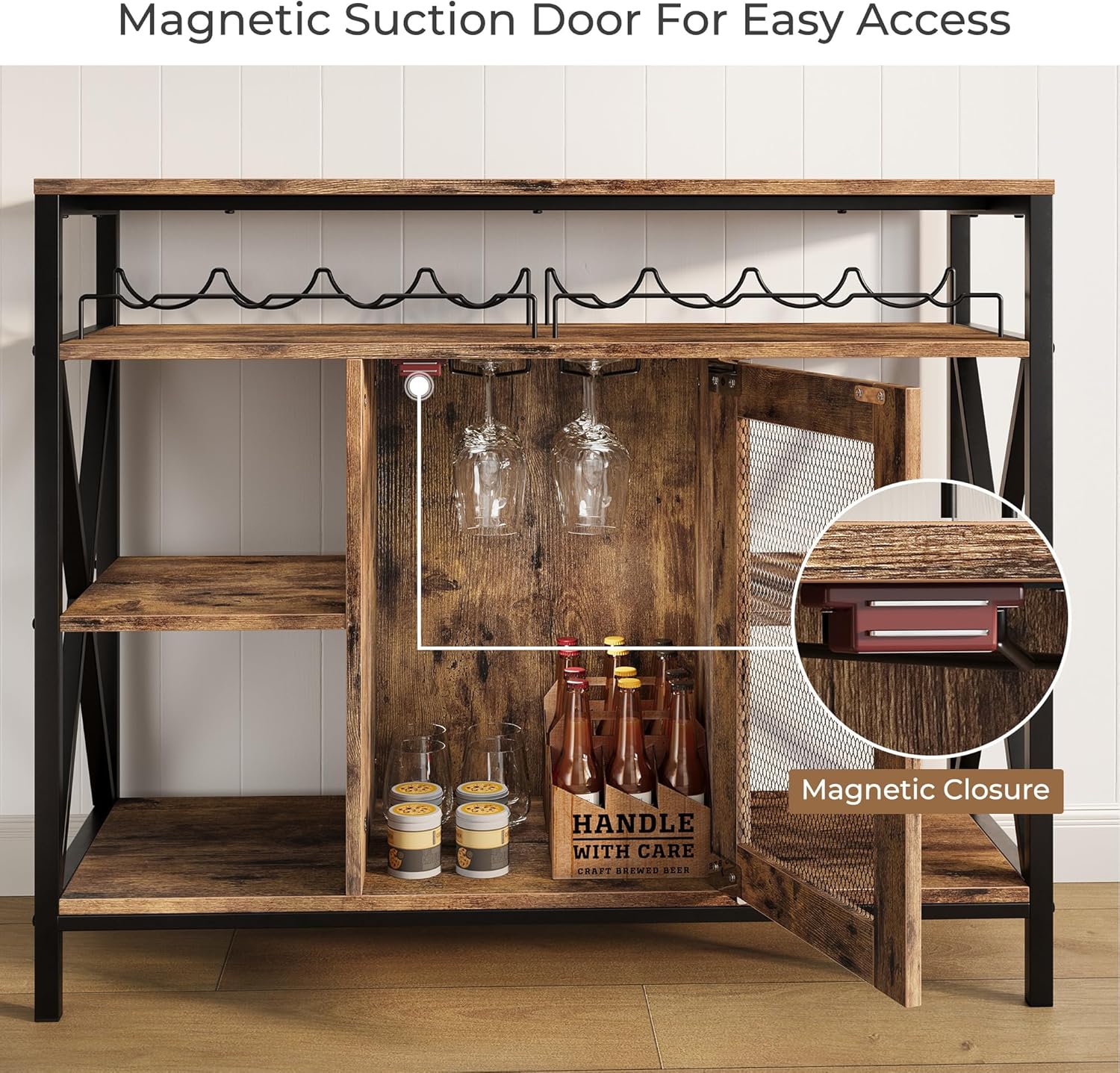 Vividwood Rustic Wine Bar Cabinet‌ - Industrial Liquor Storage with Metal Cart