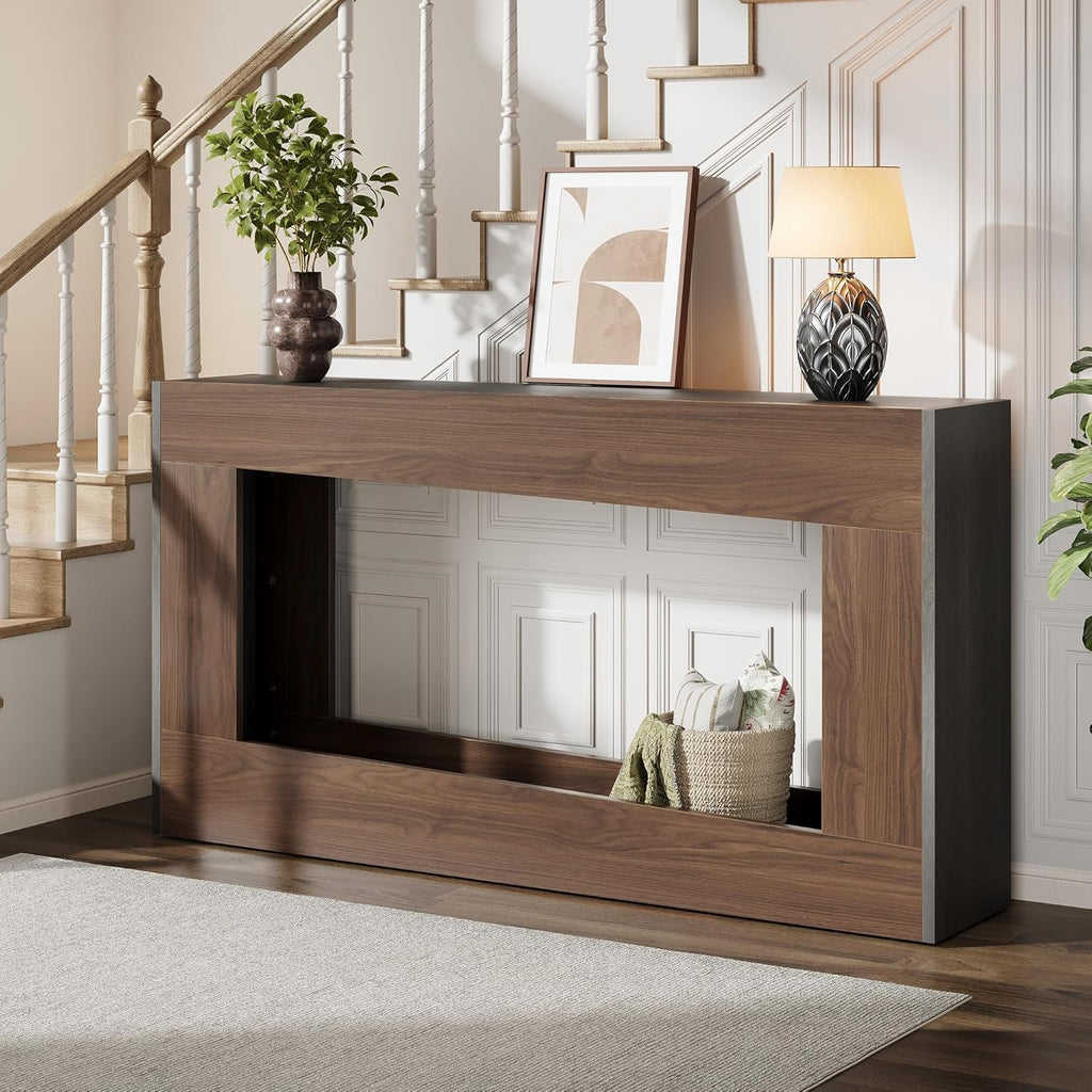 Vividwood 63" Farmhouse Console Table - Long Entryway Table with Storage (Brown & Black)
