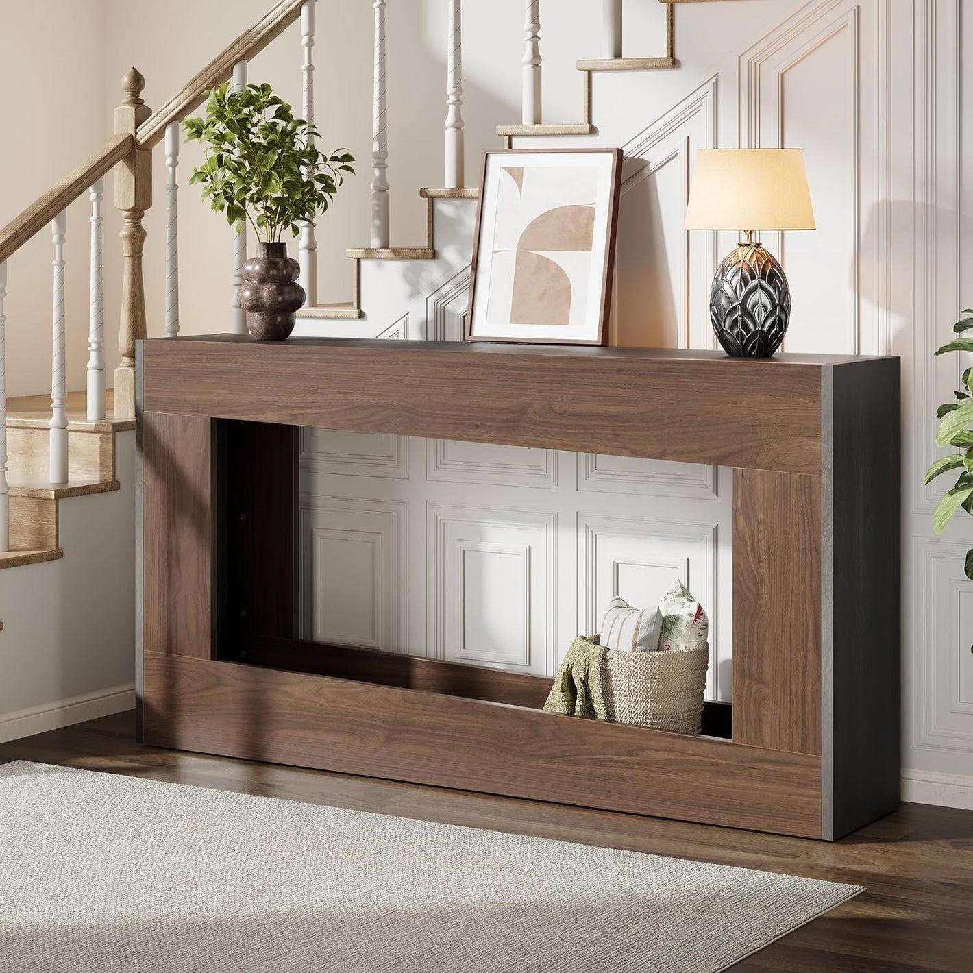 Vividwood 63" Farmhouse Console Table - Long Entryway Table with Storage (Brown & Black)