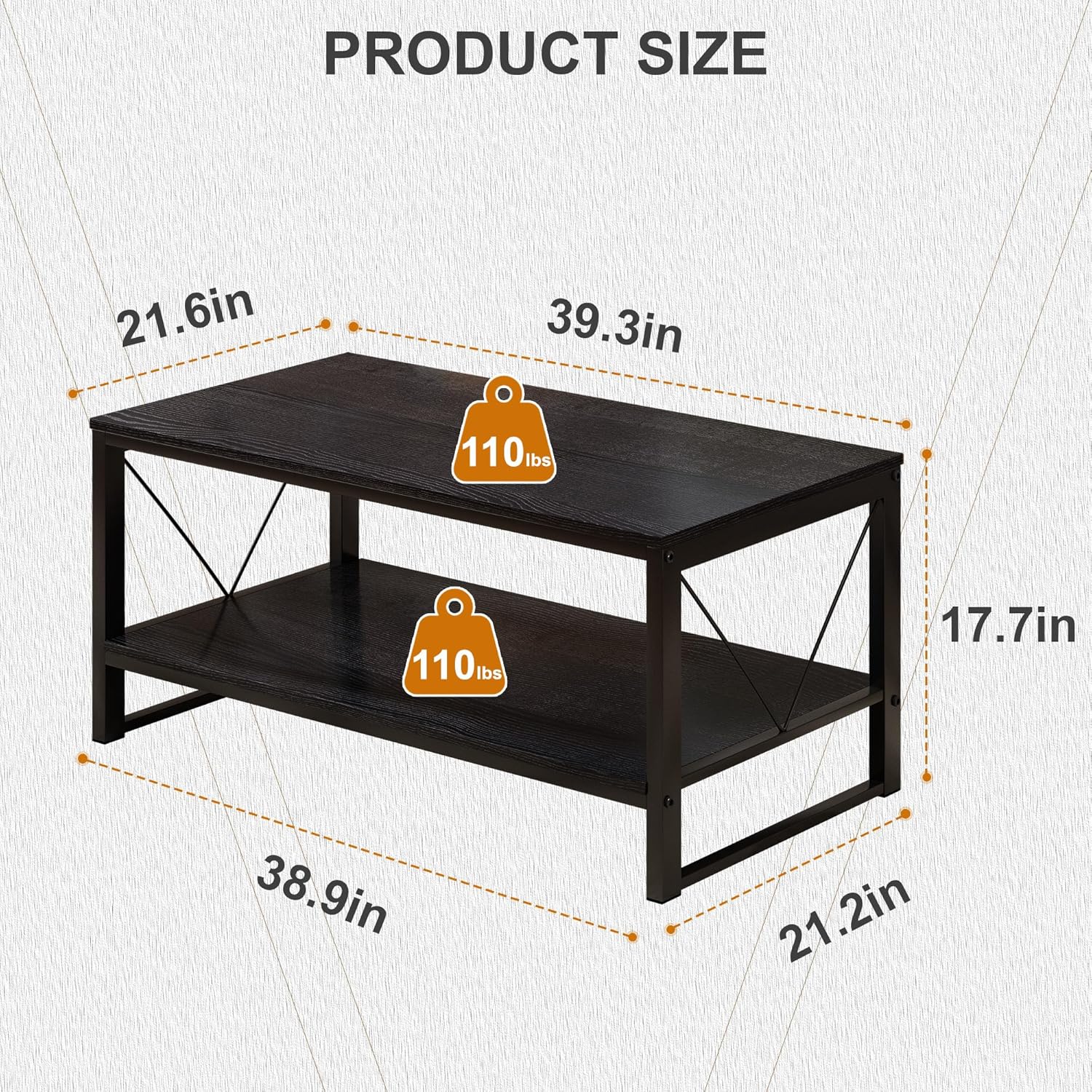 Vividwood Farmhouse Coffee Table with Storage - 39.3" Wooden Rectangle Center Table & V-Shape Legs Black (220lbs Capacity)