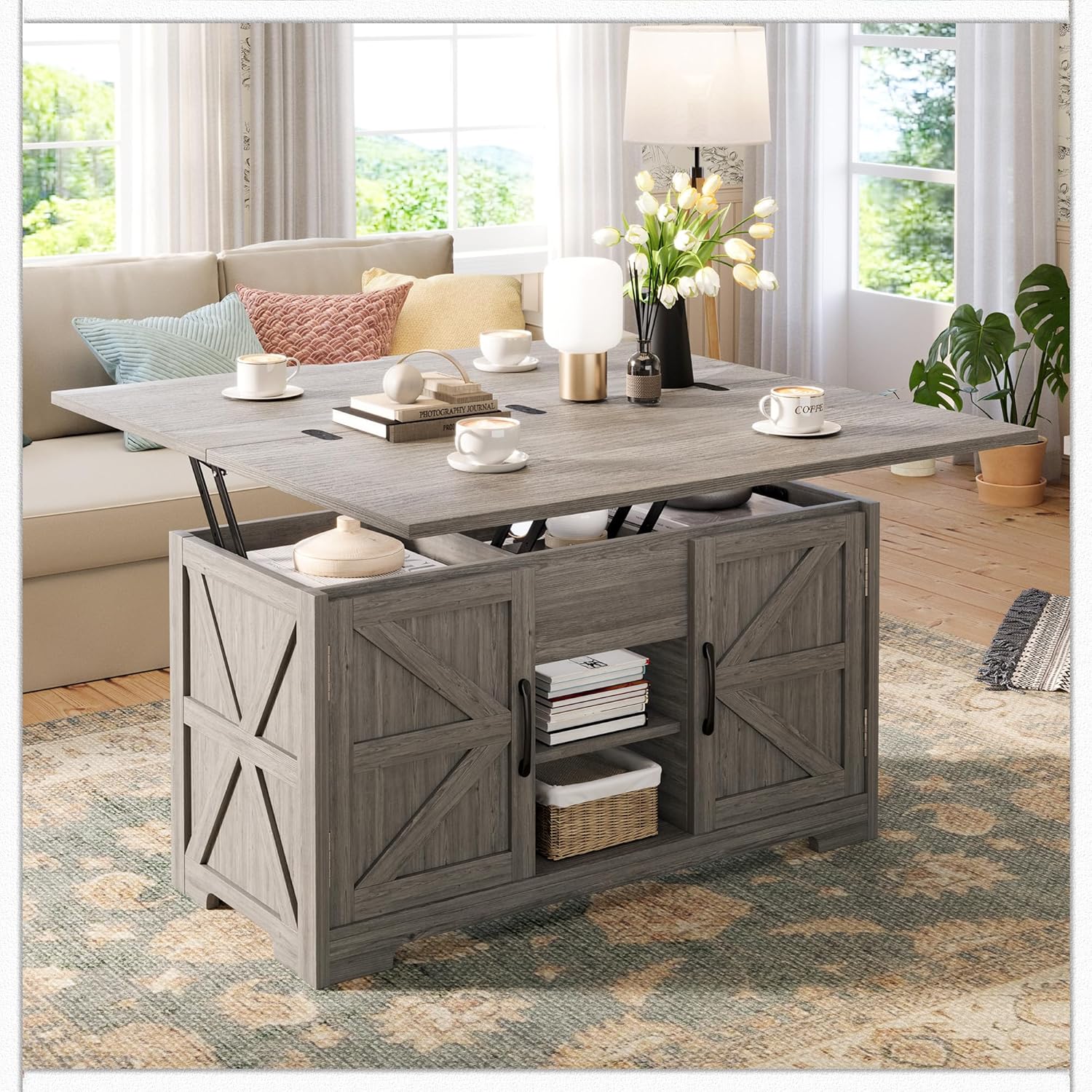 Vividwood Lift Top Coffee Table - 4-in-1 Convertible Design with Hidden Storage (Gray)