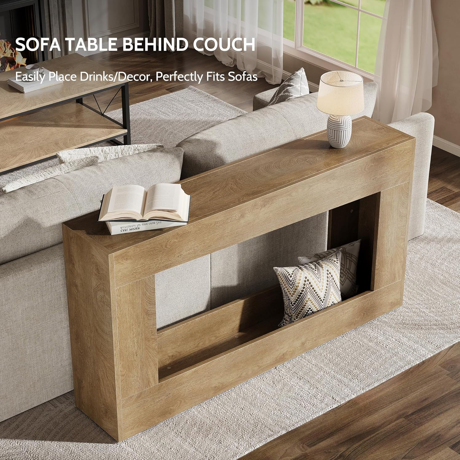 Vividwood 63" Farmhouse Console Table - Modern Sofa Table with Storage (Natural)