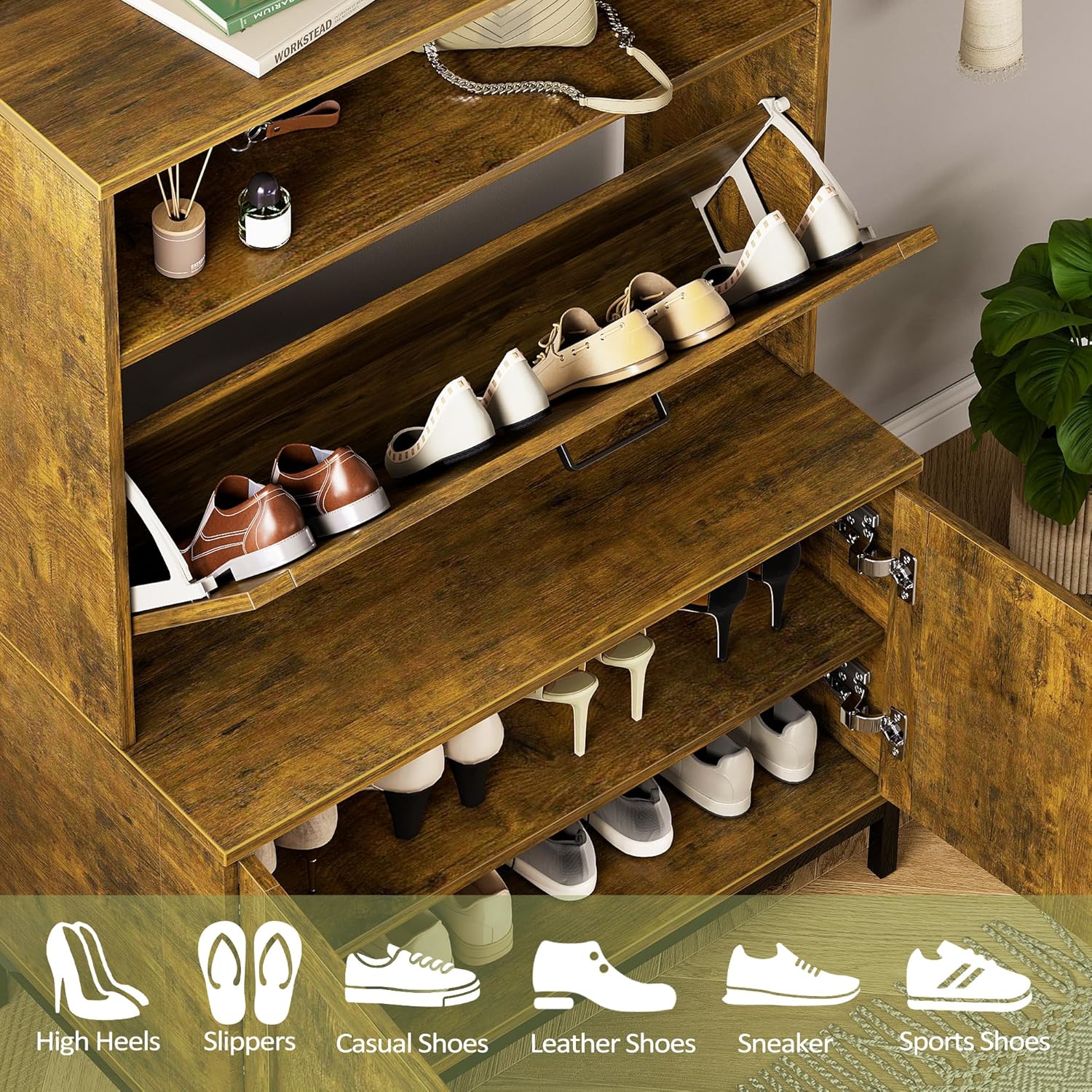 Vividwood Anti-Tip Shoe Cabinet‌ - Entryway Storage with Metal Legs (Brown)