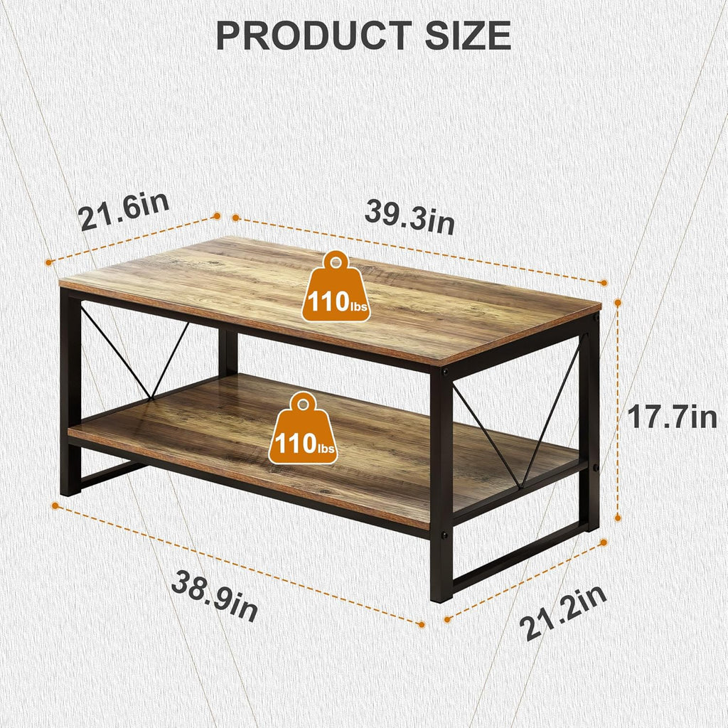 Vividwood Farmhouse Coffee Table with Storage - 39.3" Wooden Rectangle Center Table & V-Shape Legs (220lbs Capacity)