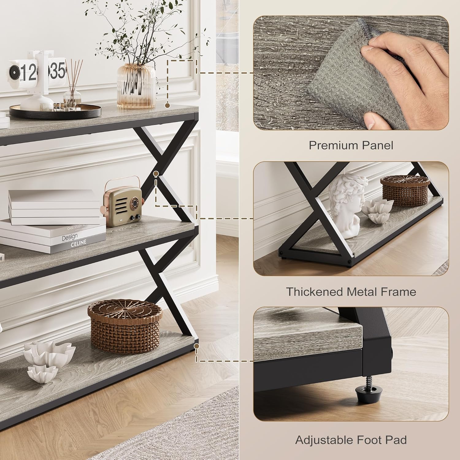 Vividwood Industrial Console Table - 3-Tier Rustic Design with Storage Shelves (Light Gray)