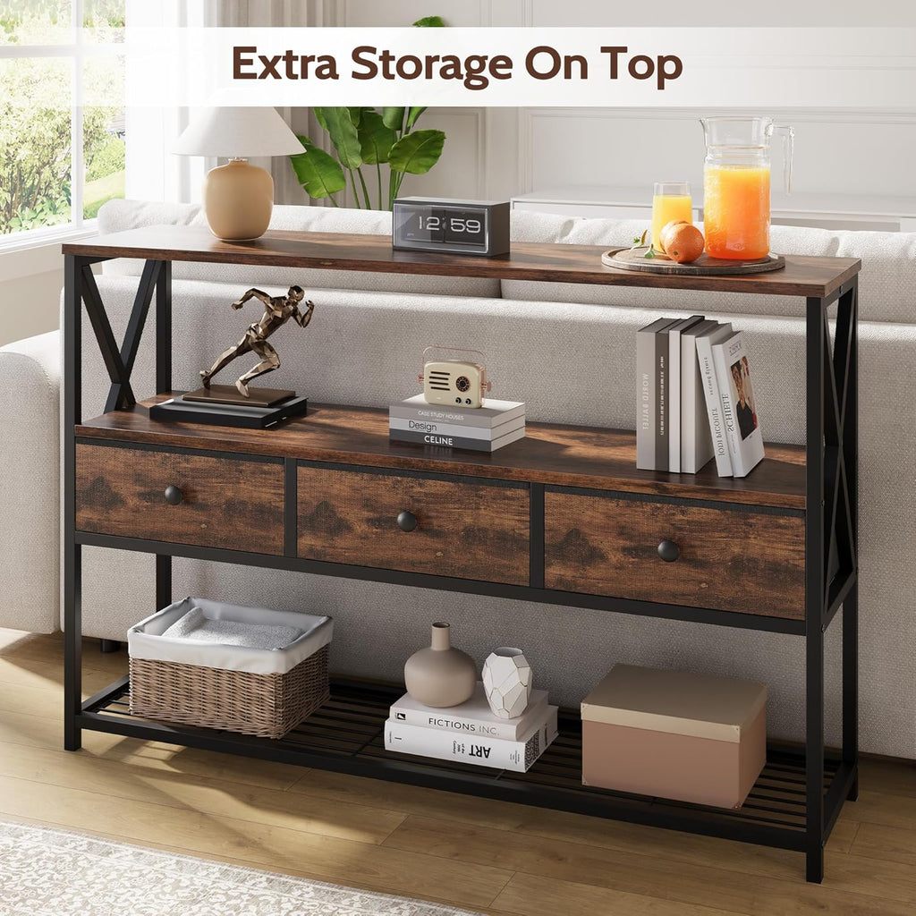 Vividwood 47" Farmhouse Console Table - 3-Drawer & Open Shelf Design (Rustic Brown)