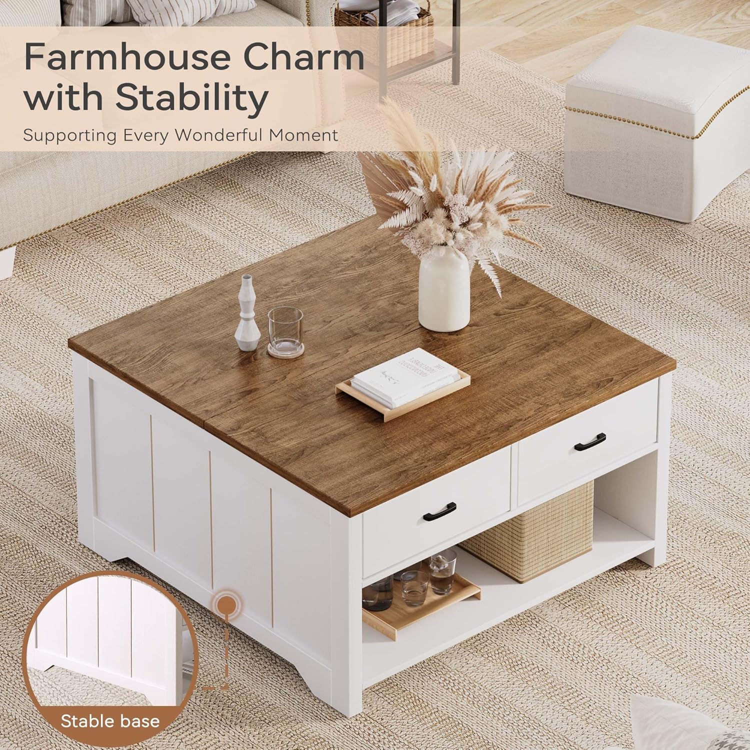 Vividwood Farmhouse Lift Top Coffee Table - Rustic Center Table with 2 Drawers & Large Storage (Brown)