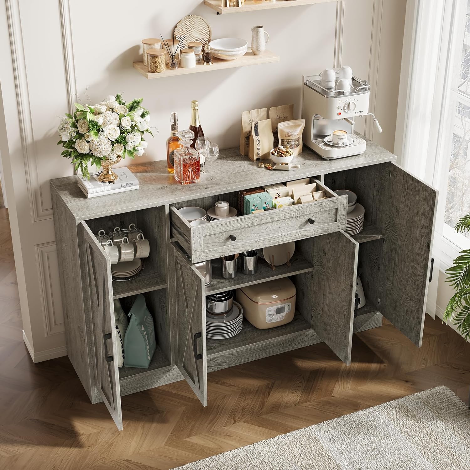 AesthLife Modern Farmhouse Sideboard - Wood Storage Cabinet with Doors & Drawer (Oak Grey)