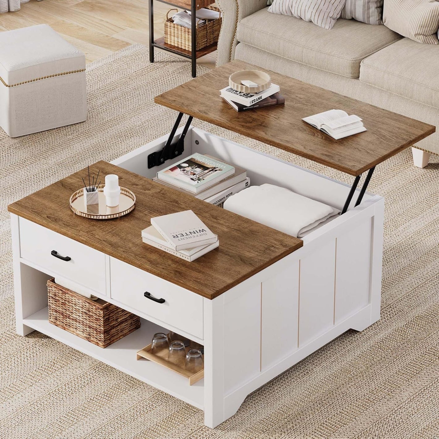 Vividwood Farmhouse Lift Top Coffee Table - Rustic Center Table with 2 Drawers & Large Storage (Brown)