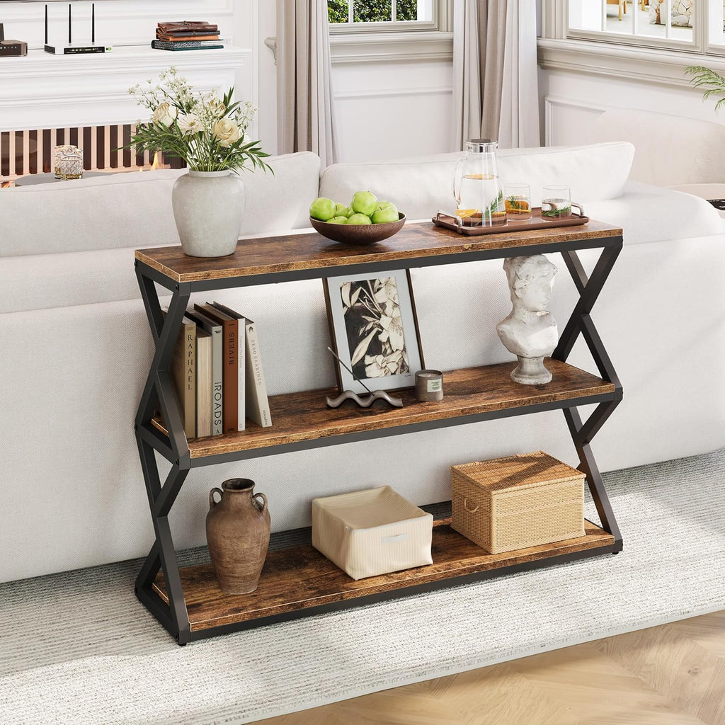 Vividwood Rustic Console Table - 47.2" Industrial Entryway Table with 3-Tier Shelves (Vintage Brown)