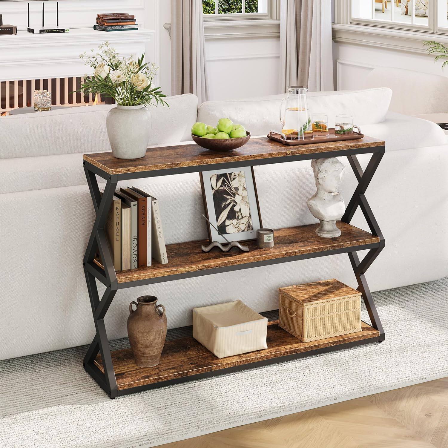 Vividwood Rustic Console Table - 47.2" Industrial Entryway Table with 3-Tier Shelves (Vintage Brown)