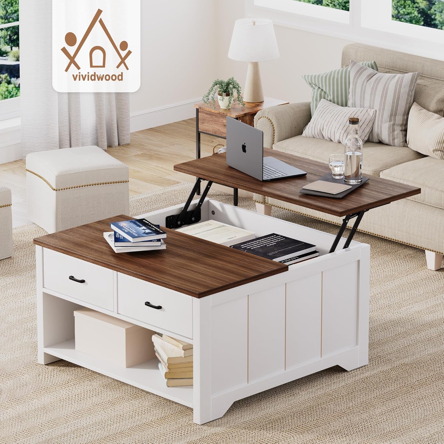 Vividwood Lift Top Coffee Table - Farmhouse Design with Open Storage & 2 Drawers (White)
