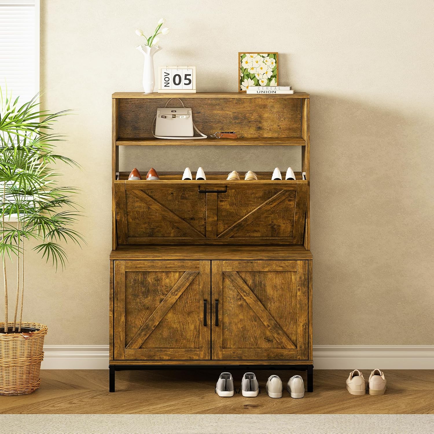 Vividwood Anti-Tip Shoe Cabinet‌ - Entryway Storage with Metal Legs (Brown)