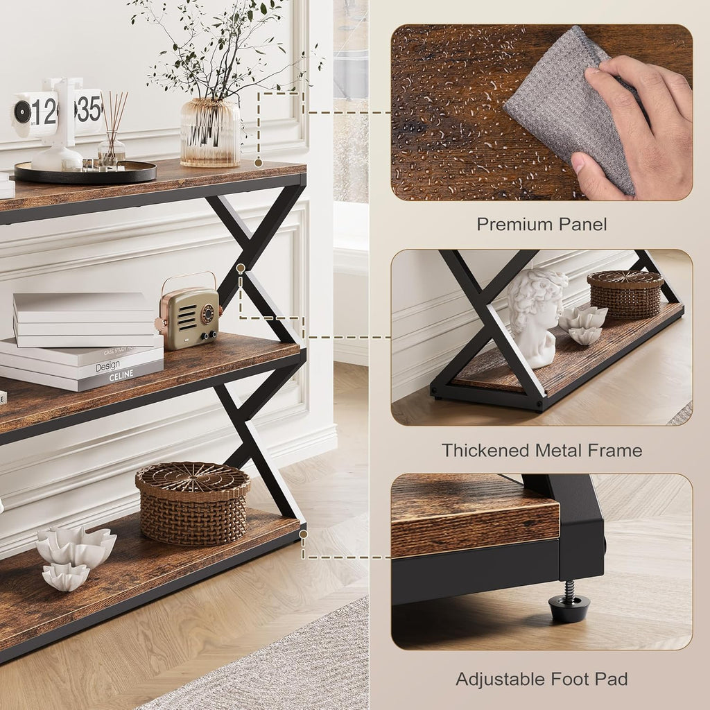 Vividwood Rustic Console Table - 47.2" Industrial Entryway Table with 3-Tier Shelves (Vintage Brown)