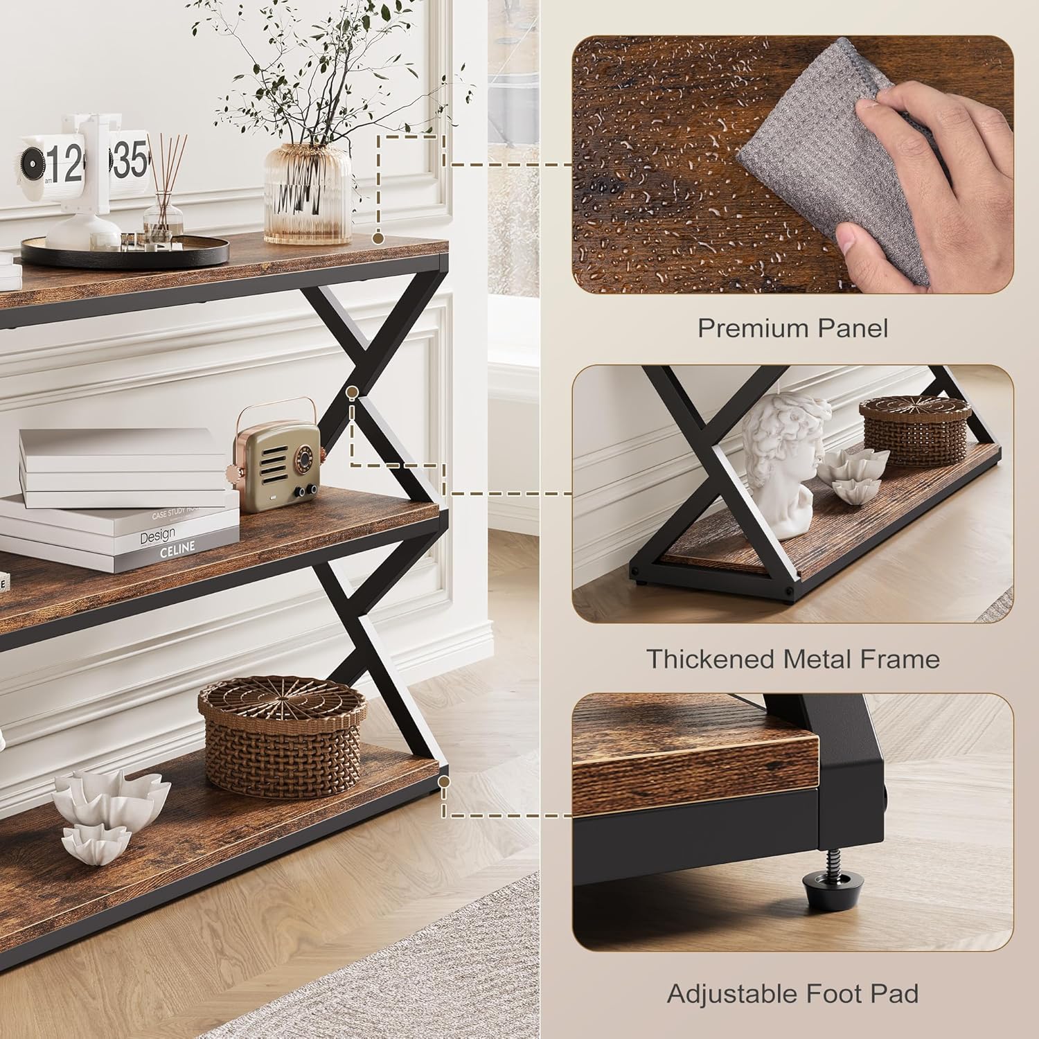 Vividwood Rustic Console Table - 47.2" Industrial Entryway Table with 3-Tier Shelves (Vintage Brown)