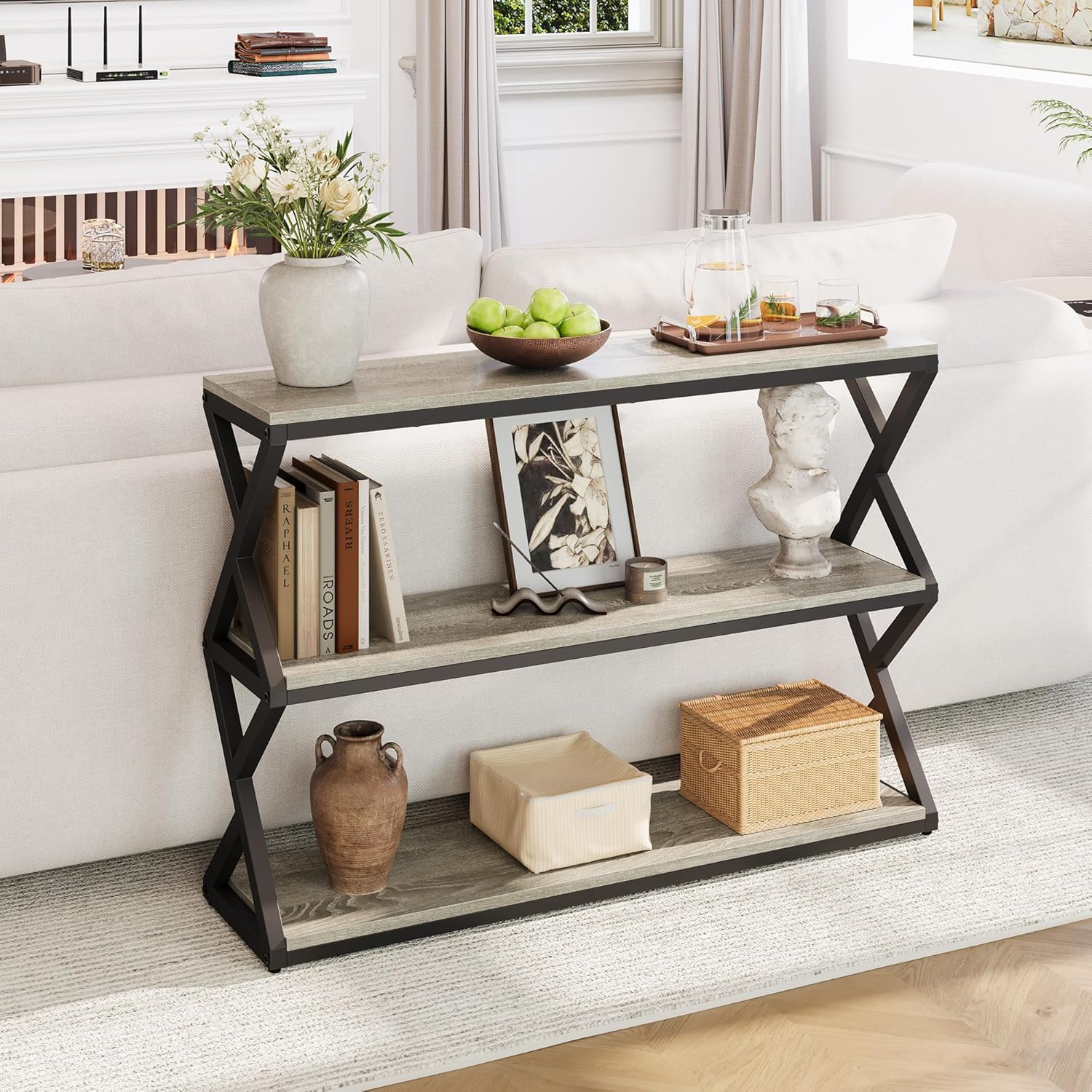 Vividwood Industrial Console Table - 3-Tier Rustic Design with Storage Shelves (Light Gray)