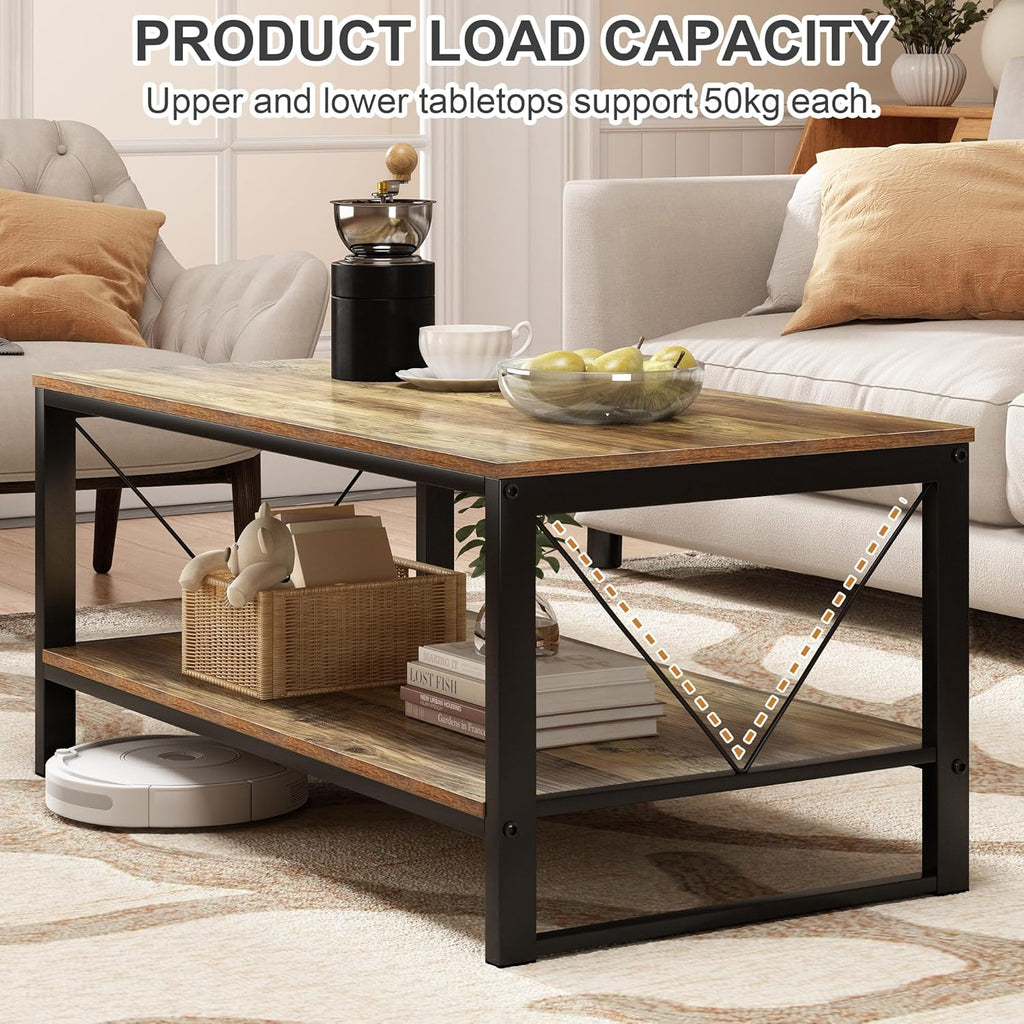 Vividwood Farmhouse Coffee Table with Storage - 39.3" Wooden Rectangle Center Table & V-Shape Legs (220lbs Capacity)