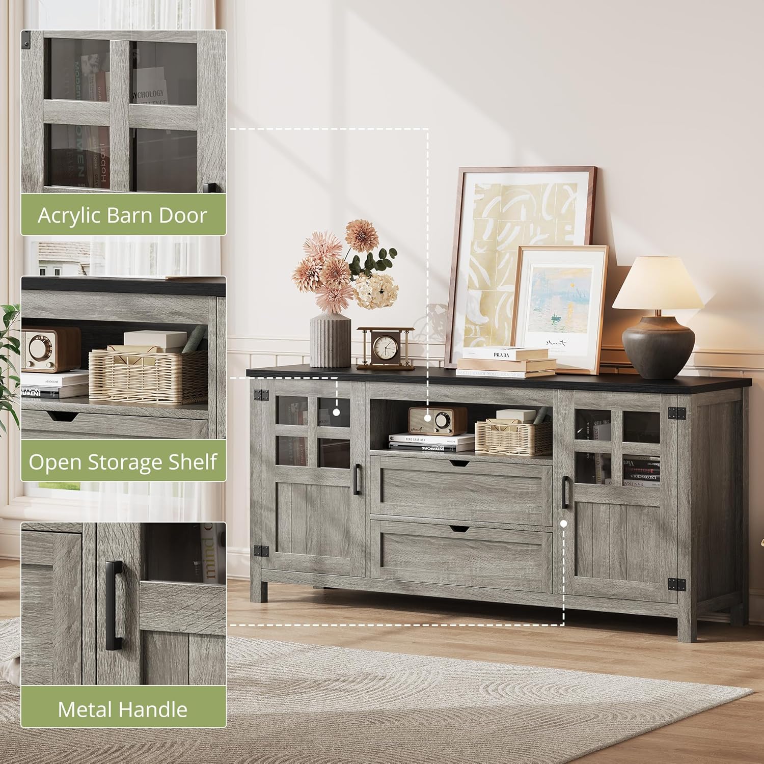 Vividwood Farmhouse Entertainment Center - TV Console with Storage (Rustic Grey)