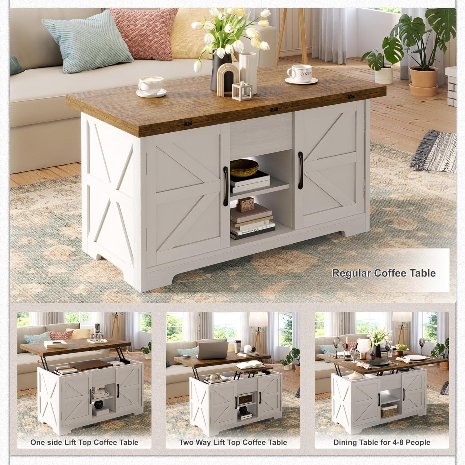 Vividwood Convertible Lift Top Coffee Table- 4-in-1 Multi-Function Design with Hidden Storage (Brown)