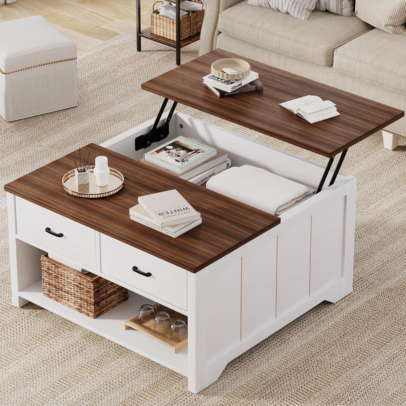 Vividwood Lift Top Coffee Table - Farmhouse Design with Open Storage & 2 Drawers (White)