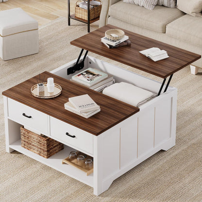 Vividwood Lift Top Coffee Table - Farmhouse Design with Open Storage & 2 Drawers (White)