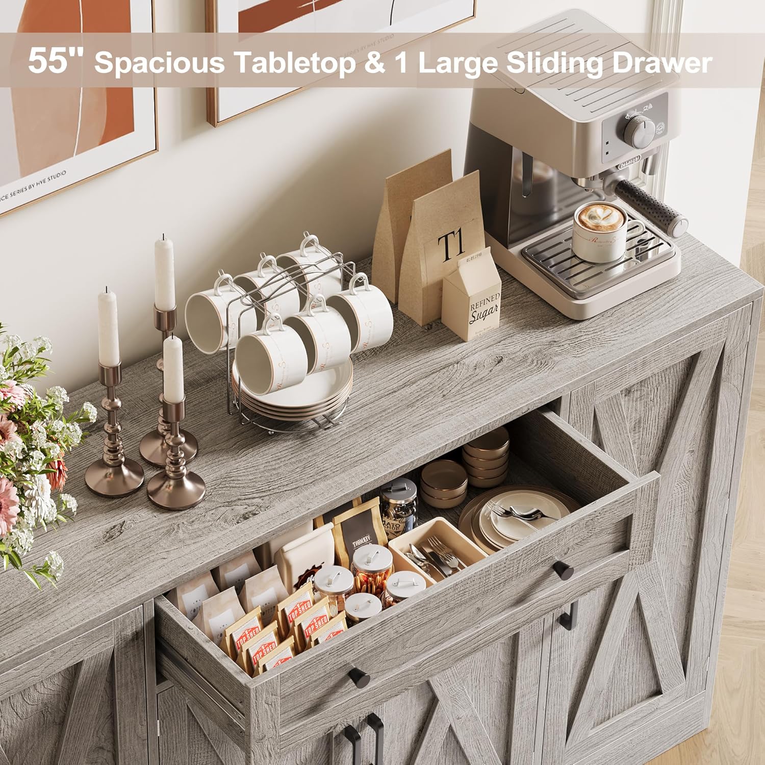 Vividwood 55" Buffet Cabinet with Drawer - 4-Door Storage Sideboard for Dining Room Okay Gray