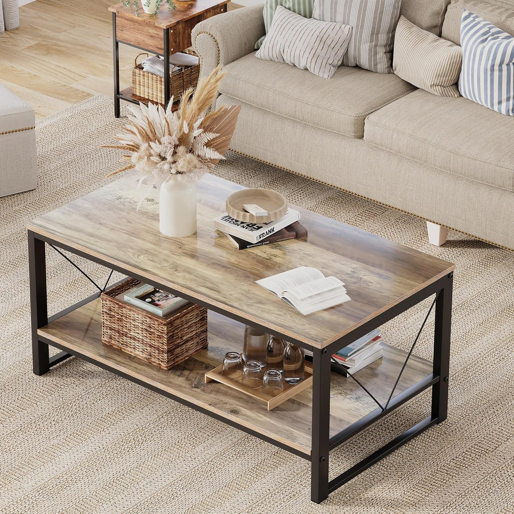 Vividwood Farmhouse Coffee Table with Storage - 39.3" Wooden Rectangle Center Table & V-Shape Legs (220lbs Capacity)