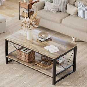 Vividwood Farmhouse Coffee Table with Storage - 39.3" Wooden Rectangle Center Table & V-Shape Legs (220lbs Capacity)