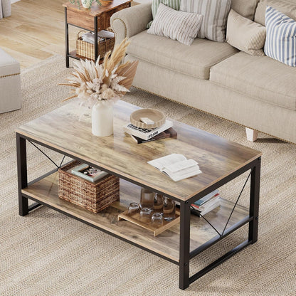 Vividwood Farmhouse Coffee Table with Storage - 39.3" Wooden Rectangle Center Table & V-Shape Legs (220lbs Capacity)