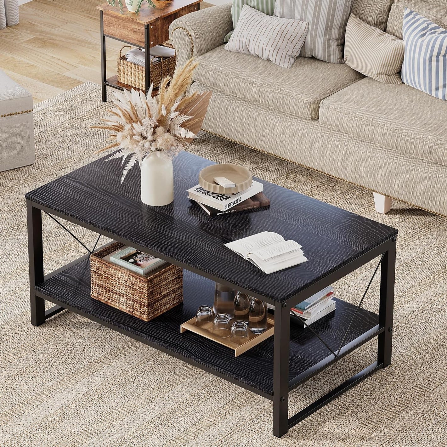 Vividwood Farmhouse Coffee Table with Storage - 39.3" Wooden Rectangle Center Table & V-Shape Legs Black (220lbs Capacity)