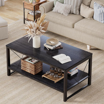 Vividwood Farmhouse Coffee Table with Storage - 39.3" Wooden Rectangle Center Table & V-Shape Legs Black (220lbs Capacity)